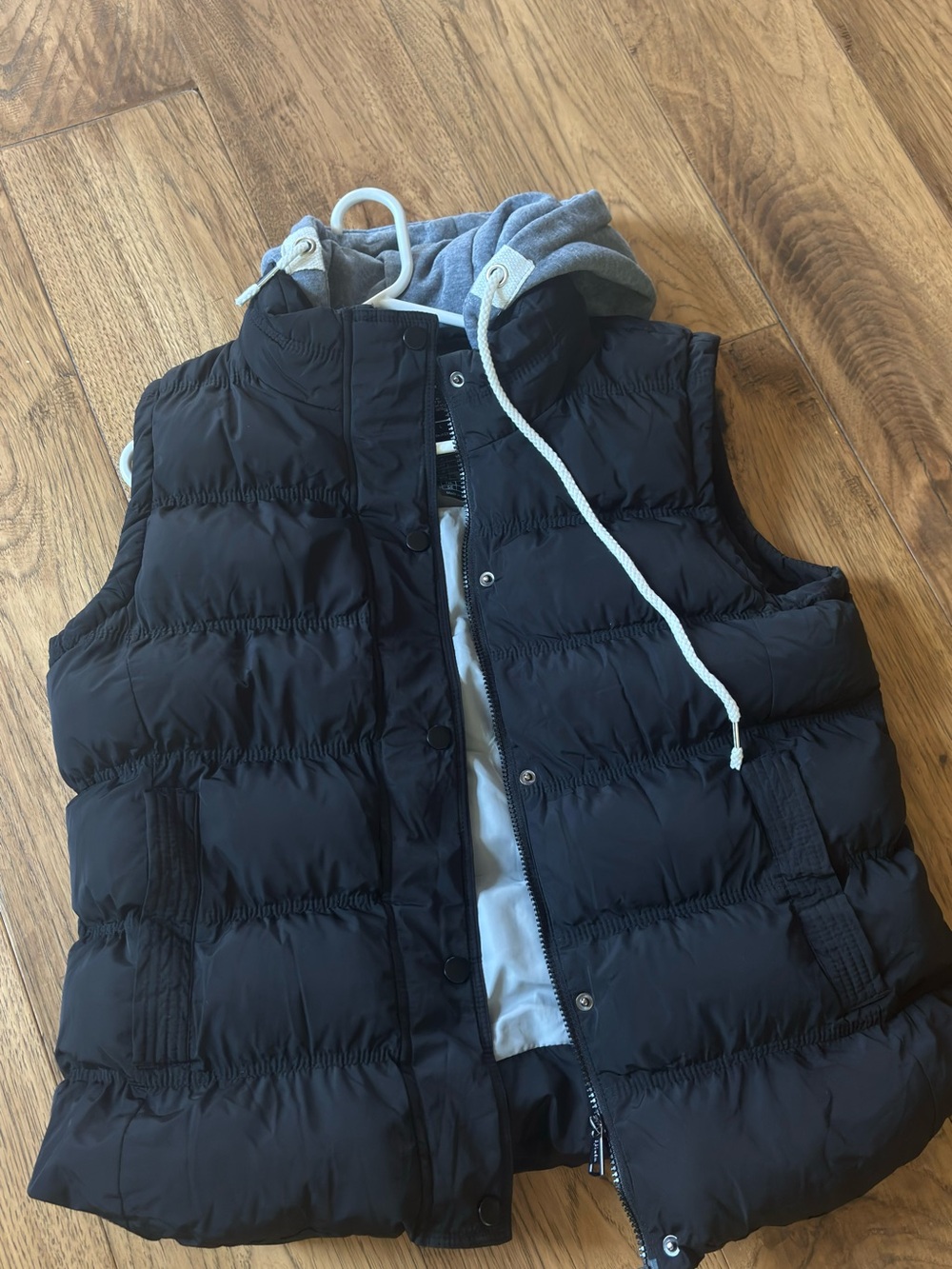 Women's Black Quilted Puffer Vest with Gray Hood - Picture 2 of 4